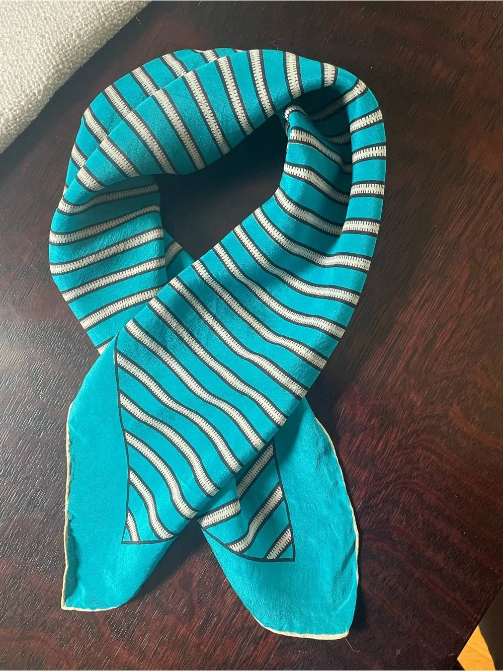 Vintage Square Silk Scarf Neckerchief Teal Blue Geometric Stripe Pattern